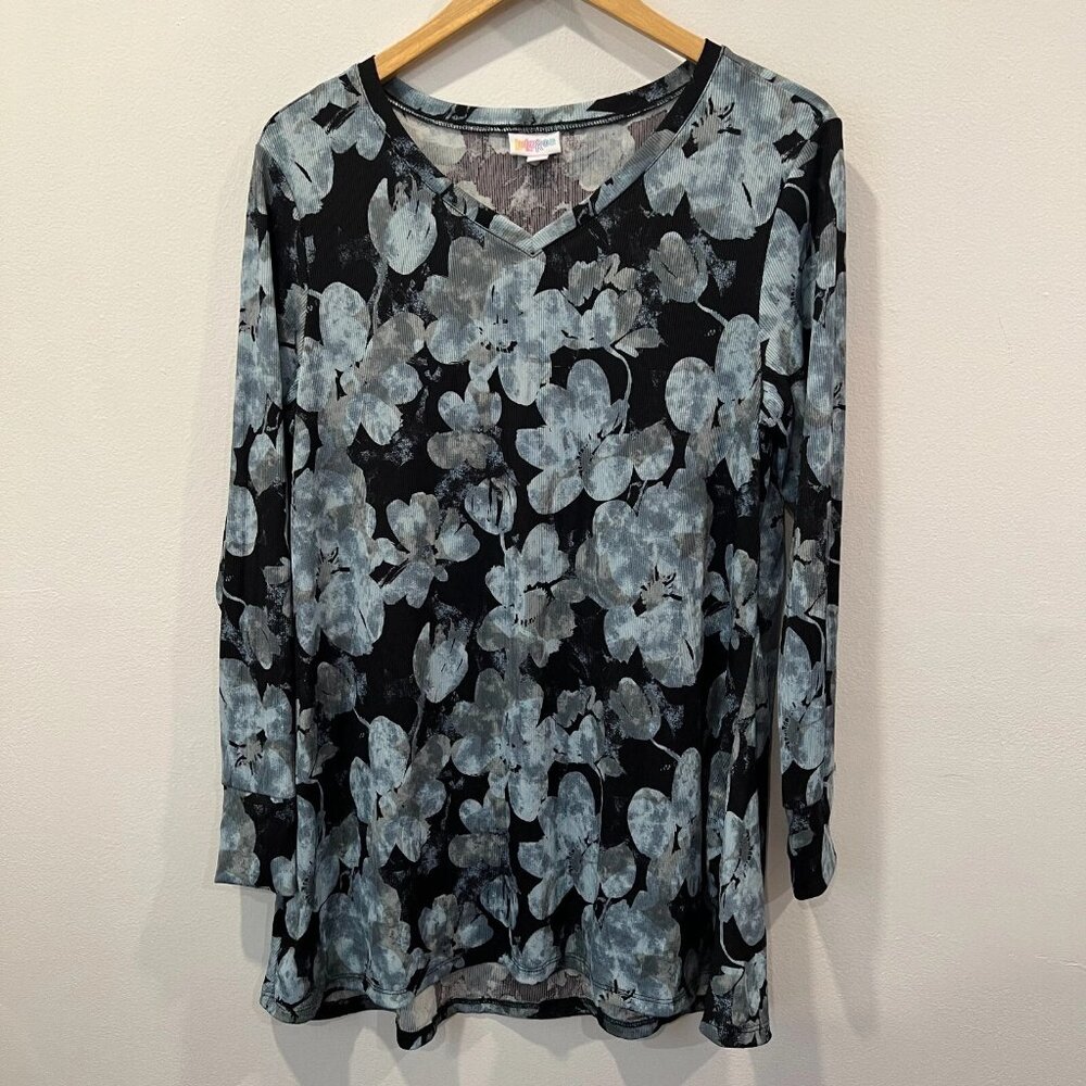 LuLaRoe Elizabeth Blue Floral Ribbed Long Sleeve V-Neck Tunic Top Size S